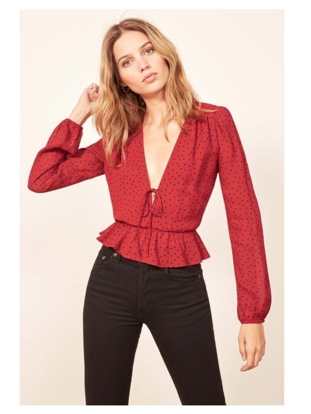 Reformation Red Polka Dot Peplum Blouse Size Medium